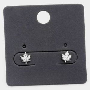 Silver Weed Cubic Zirconia Stud Earrings Fashion Statement Accessory Maple Leaf